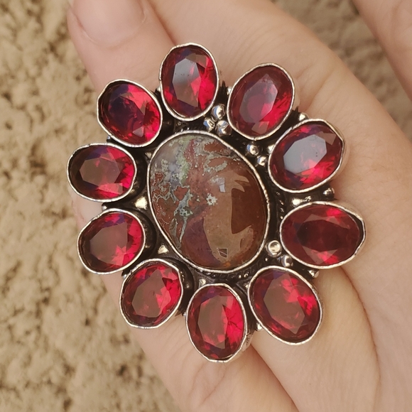 New Oversized Seam Agate and Garnet 925 Silver Statement Ring. - Picture 5 of 16